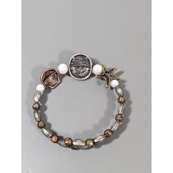 Mixed Metal Beachy Bracelet Sand Dollar Starfish Shell Flex Wire 7" Boho - Picture 6 of 8